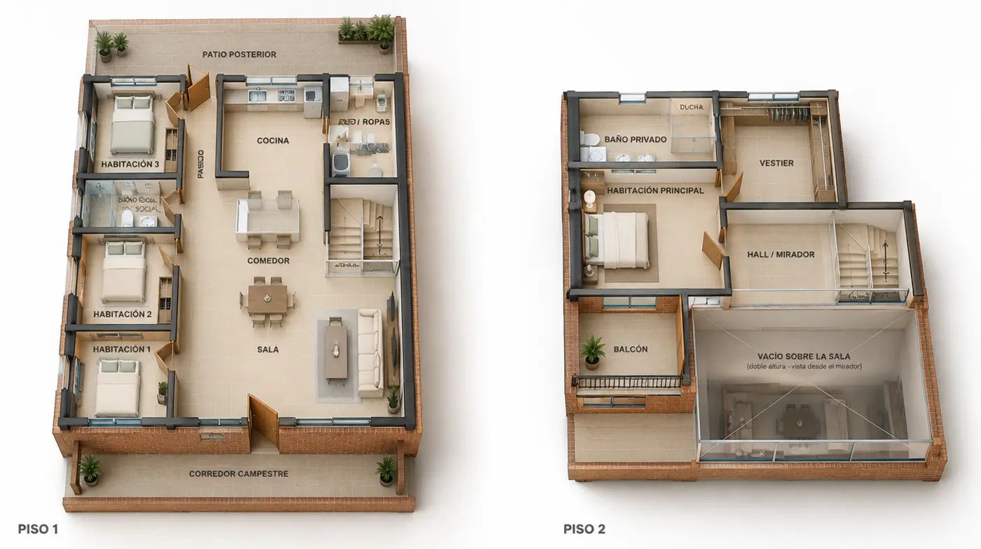 Plano en 3D con la distribución del primer y segundo piso